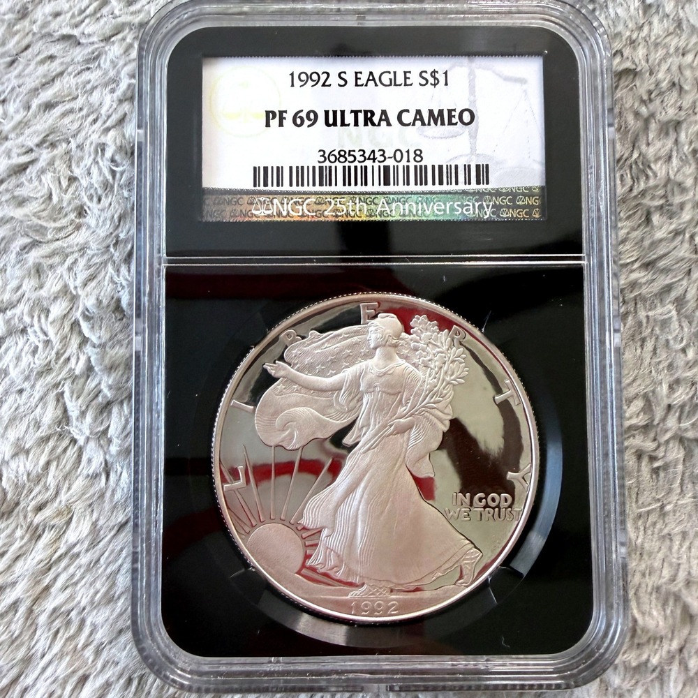 1992 S American Silver Eagle $1 NGC PF 69 Ultra Cameo 25th Anniversary Holder
